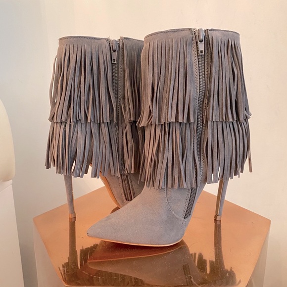 Shoe Republic LA Grey Suede Fringe Booties - Picture 4 of 5